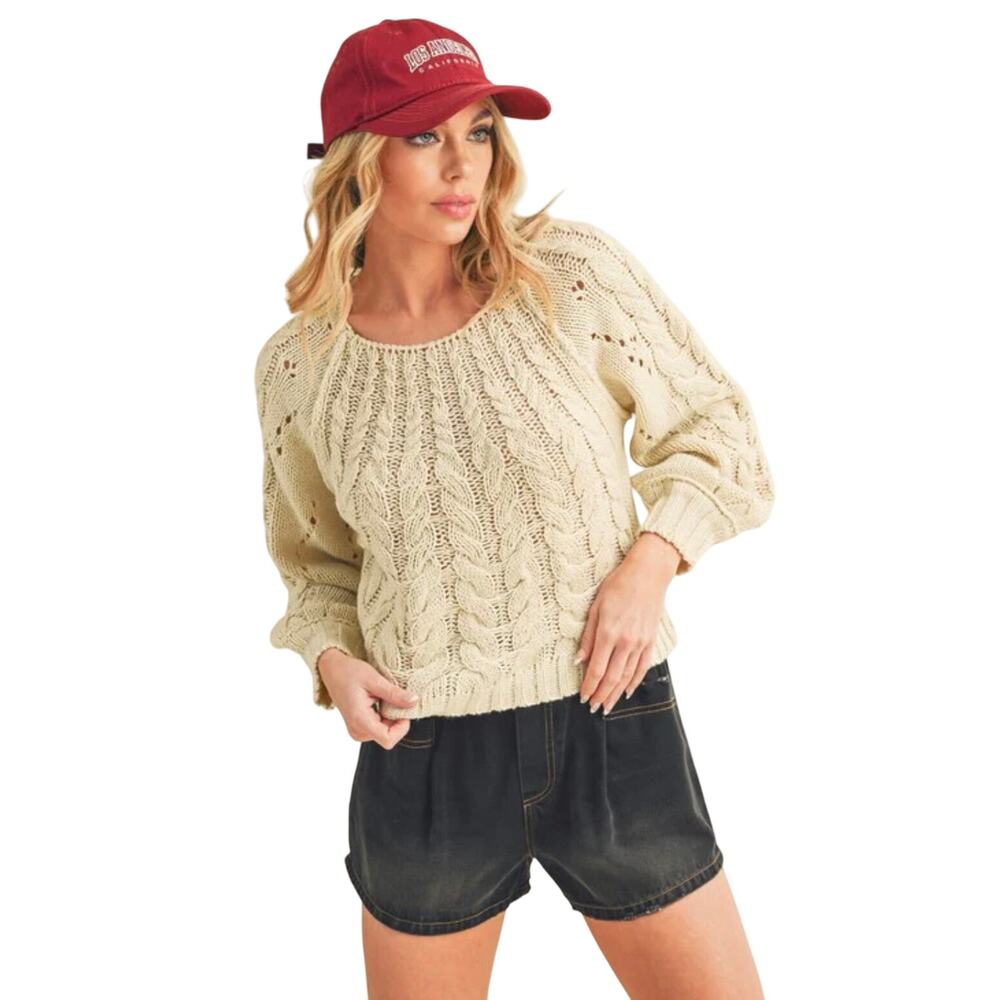 AEMI+Co Cable Knit Crop Slouchy Tan Sweater Sz S Long Balloon Sleeves Scoop Neck